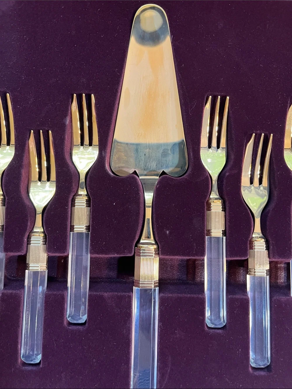 Mikasa Gold Plated Cake Server and Clear Handle Dessert Fork Set